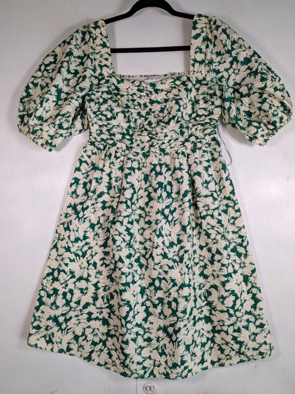 FRNCH Paris Floral Mini Dress Womens S Green Cream Puff Sleeve Smocked Babydoll